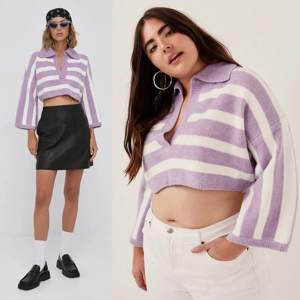 NWT LOVE LEMONS 90s Lavender Stripe V-Neck Oversized Soft Knit Cropped Sweater L